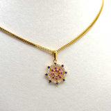 22K Solid Gold Dharmachakra Pendant with Multicolor Sapphire Stones (2.31 Grams)
