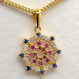 22K Solid Gold Dharmachakra Pendant with Multicolor Sapphire Stones (2.31 Grams)