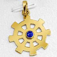 22K Solid Gold Dharmachakra Pendant with Blue Sapphire Stone (3.91 Grams)